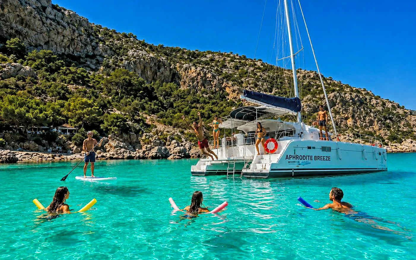 Catamaran cruise with people swimming and paddleboarding in clear waters near Rhodes.