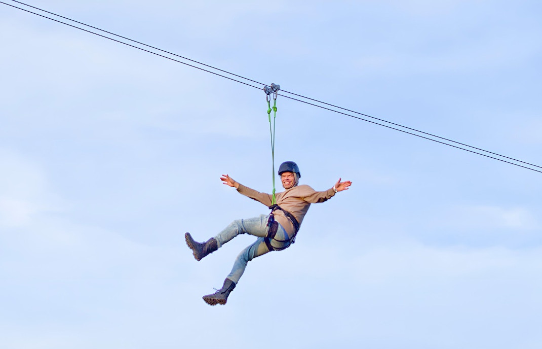 Man flying LINQ Zipline in Las Vegas