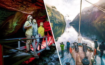 Tourists exploring Te Anau Glowworm Caves and cruising on a scenic fjord.