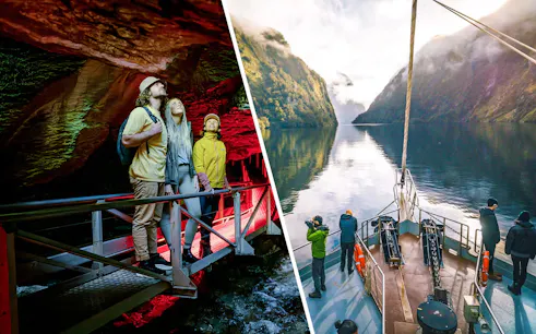 Tourists exploring Te Anau Glowworm Caves and cruising on a scenic fjord.