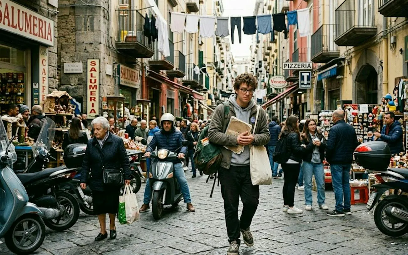Naples street scene with people, scooters, and market stalls, part of self-guided city exploration game.