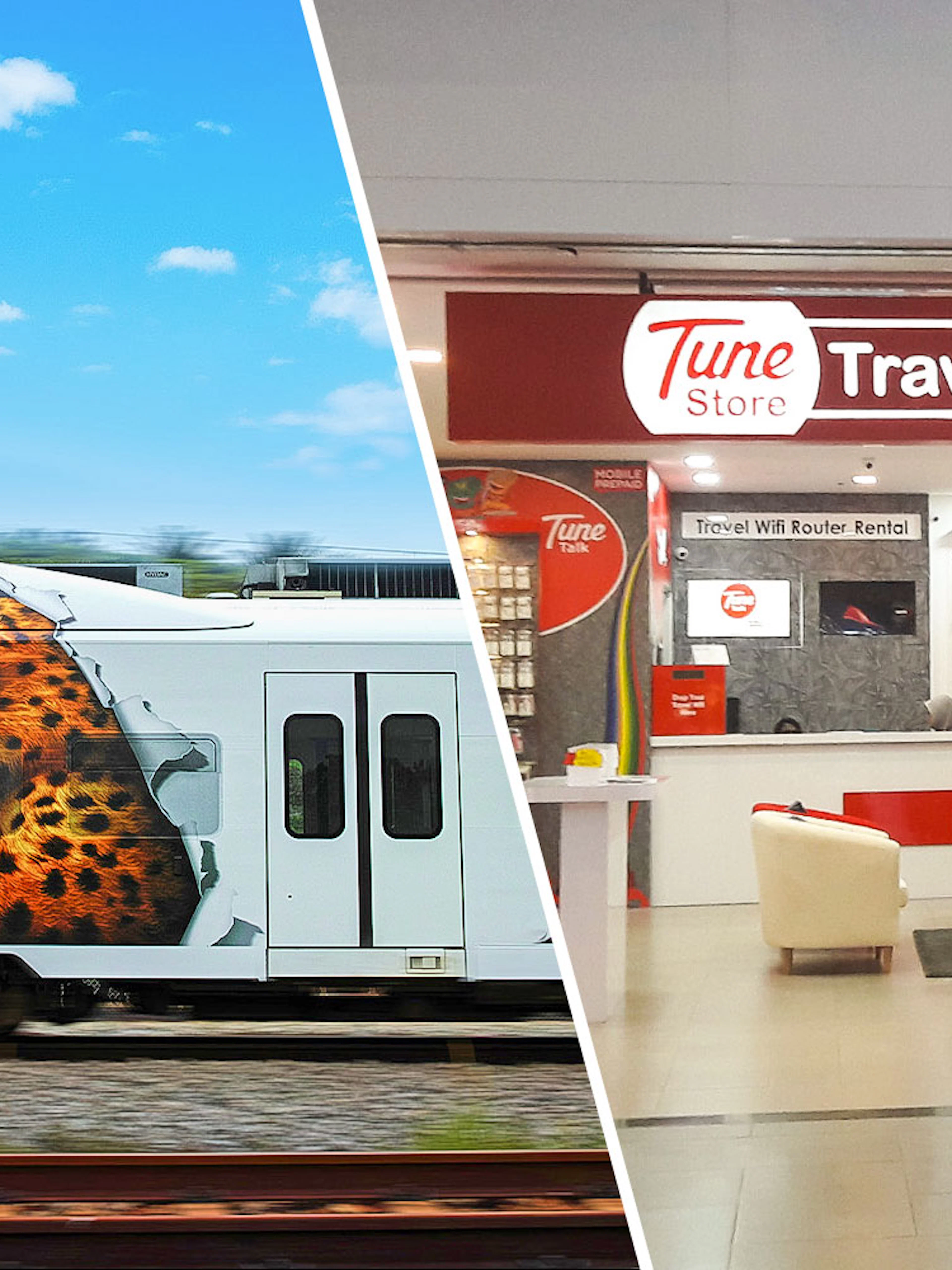 KLIA Express train with leopard design and Tune Store for Malaysia 4G SIM.