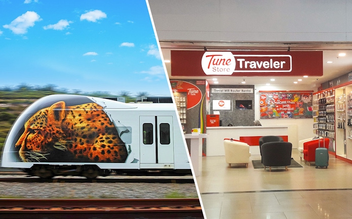 KLIA Express train with leopard design and Tune Store for Malaysia 4G SIM.
