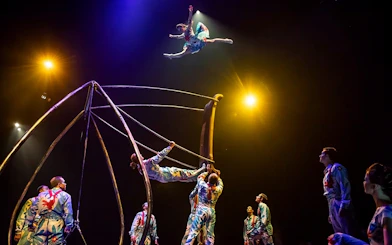 Acrobats performing high-flying stunts in Luzia show.