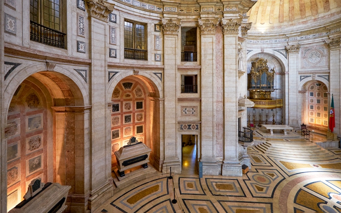 National Pantheon interior with ornate columns and tombs, Lisbon, Portugal.
