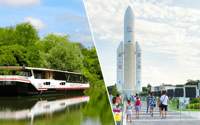 Cité de l’Espace rocket exhibit and canal boat in Toulouse, France.