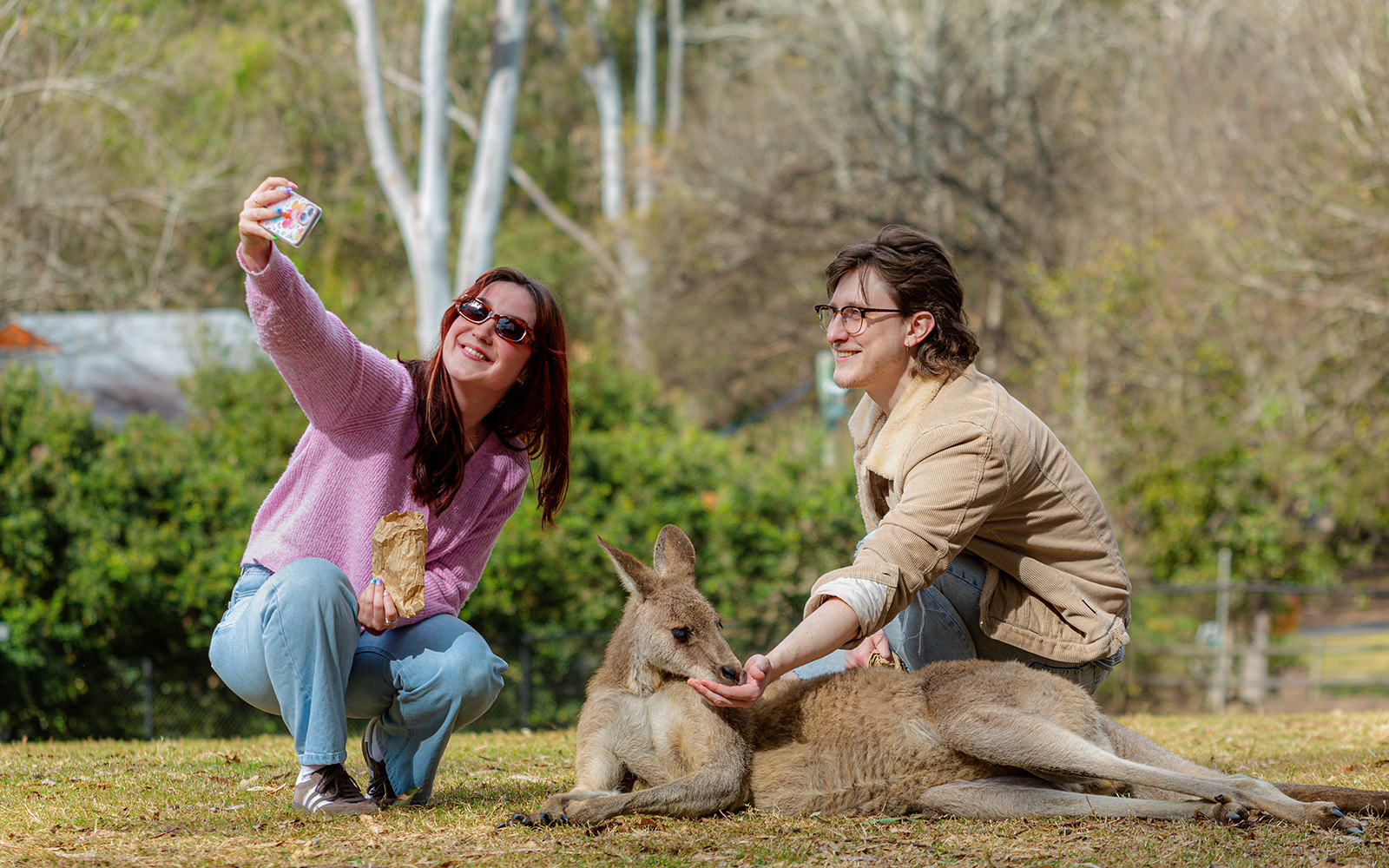 Tourists taking a selfie with a kangaroo at Lone Pine Koala Sanctuary.