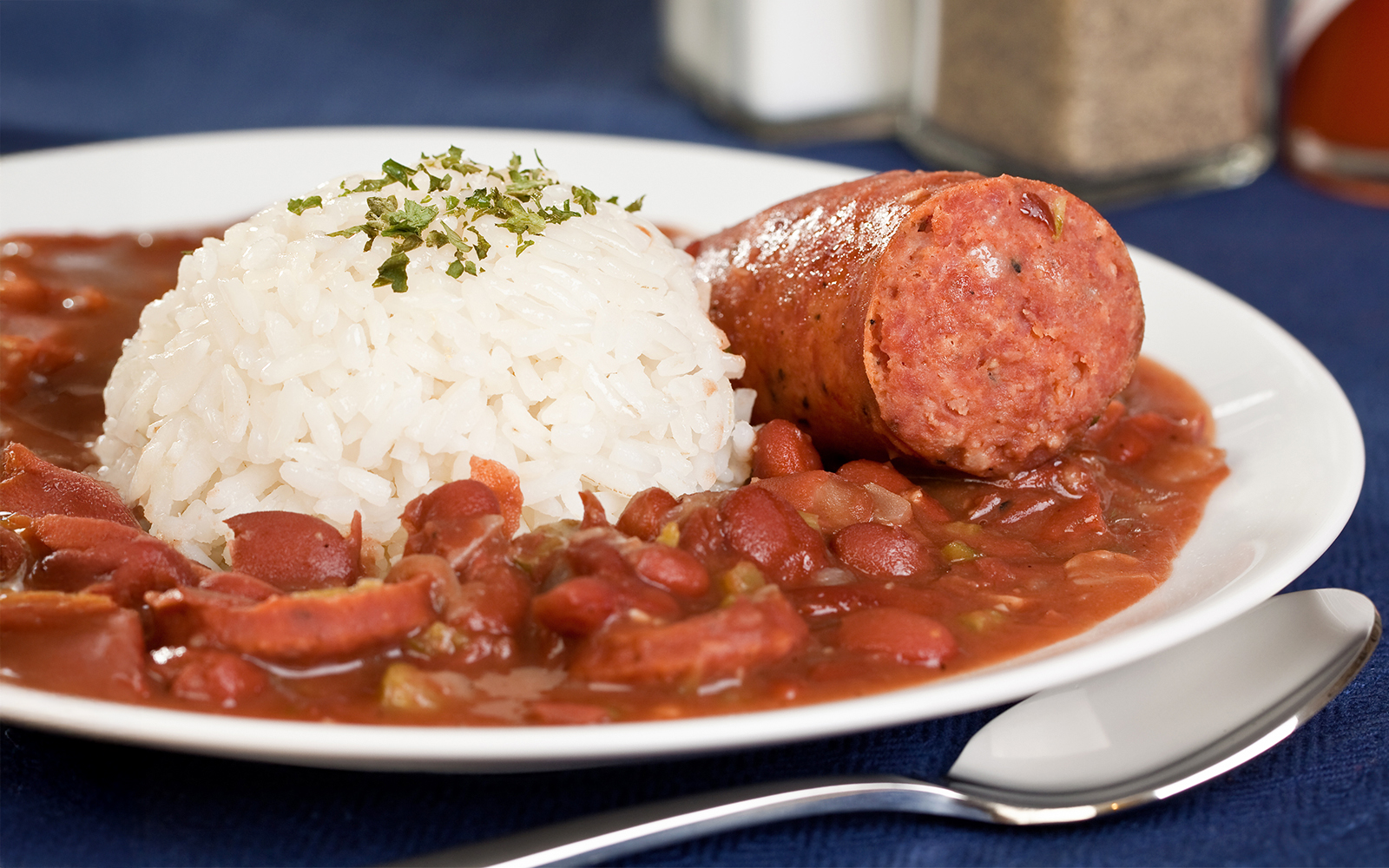 Red beans and rice with sausage served on Steamboat Natchez cruise.