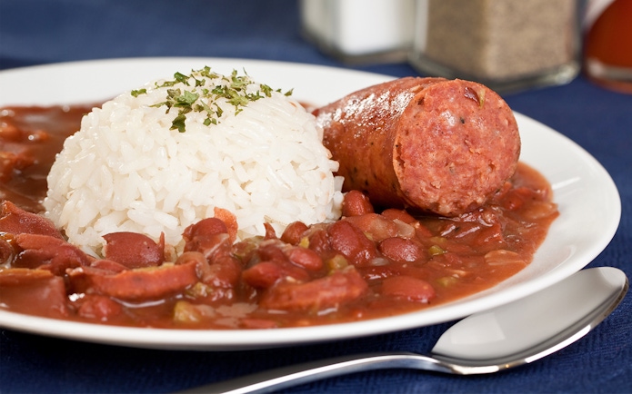 Red beans and rice with sausage served on Steamboat Natchez cruise.