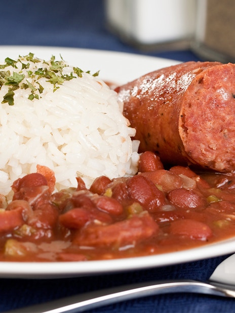 Red beans and rice with sausage served on Steamboat Natchez cruise.
