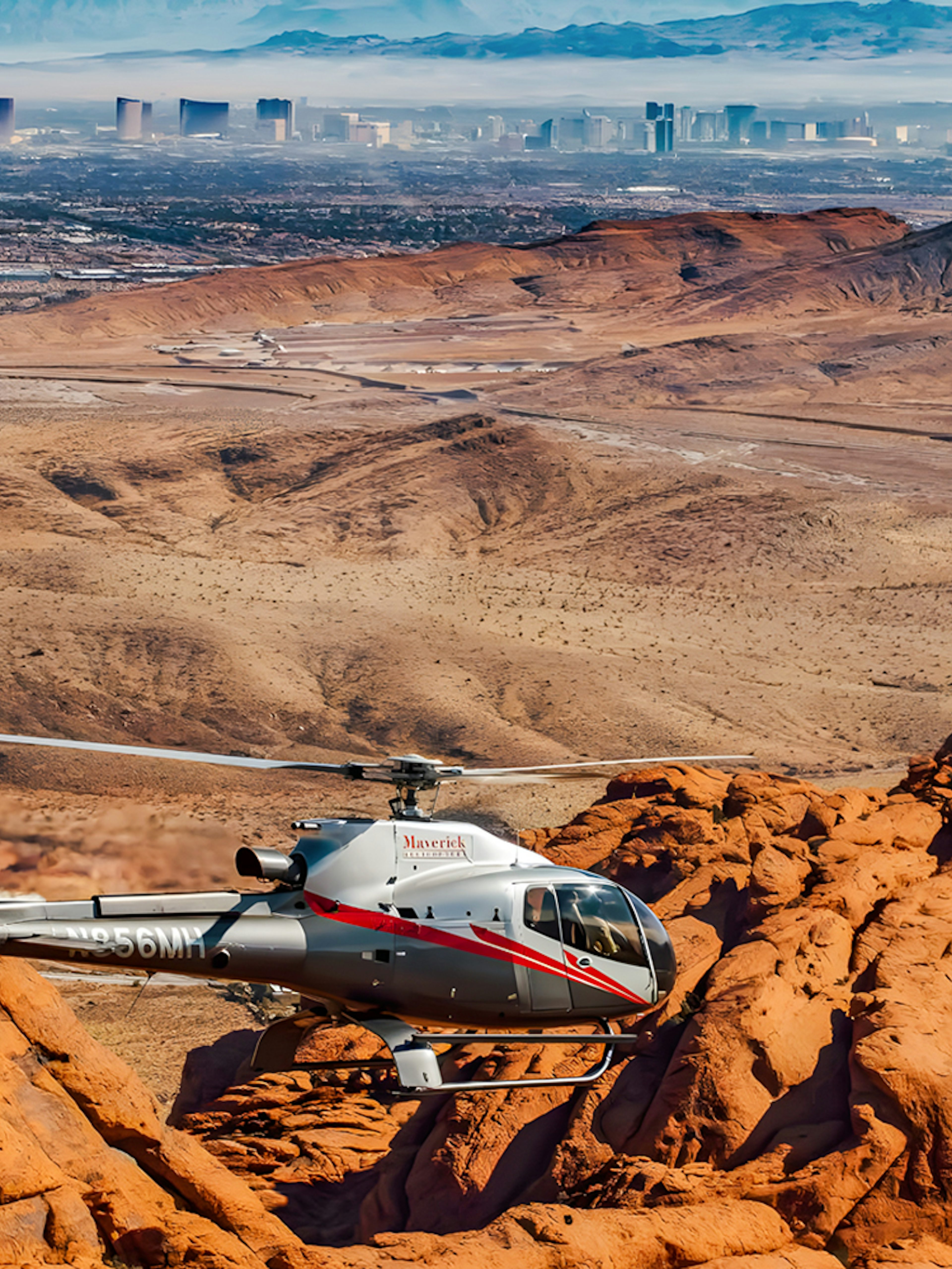 Maverick helicopter flying over Red Rock Canyon near Las Vegas.