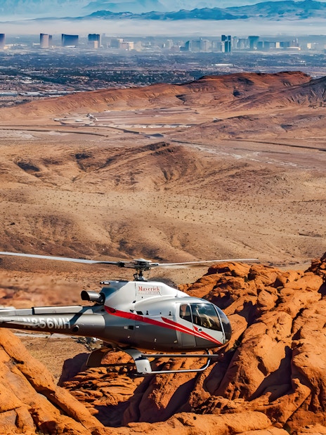 Maverick helicopter flying over Red Rock Canyon near Las Vegas.