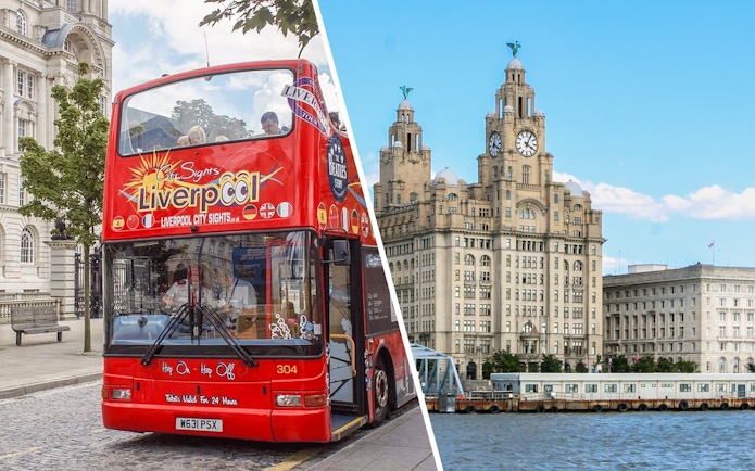 Red double-decker tour bus in front of the Royal Liver Building, Liverpool.
