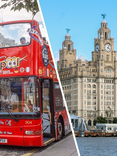 Red double-decker tour bus in front of the Royal Liver Building, Liverpool.