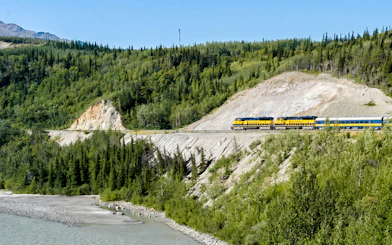 Alaska Railroad train traveling through forested mountains.