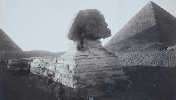 The Great Sphinx and two pyramids in Egypt during World War I.