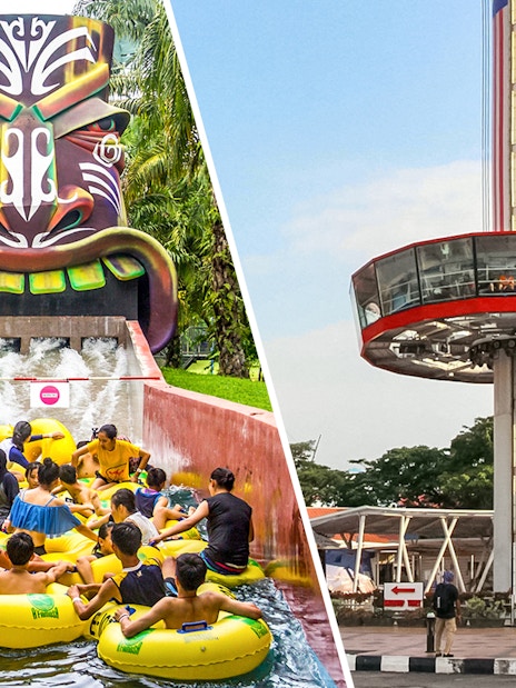 A'Famosa water park ride and Menara Taming Sari observation tower in Melaka.