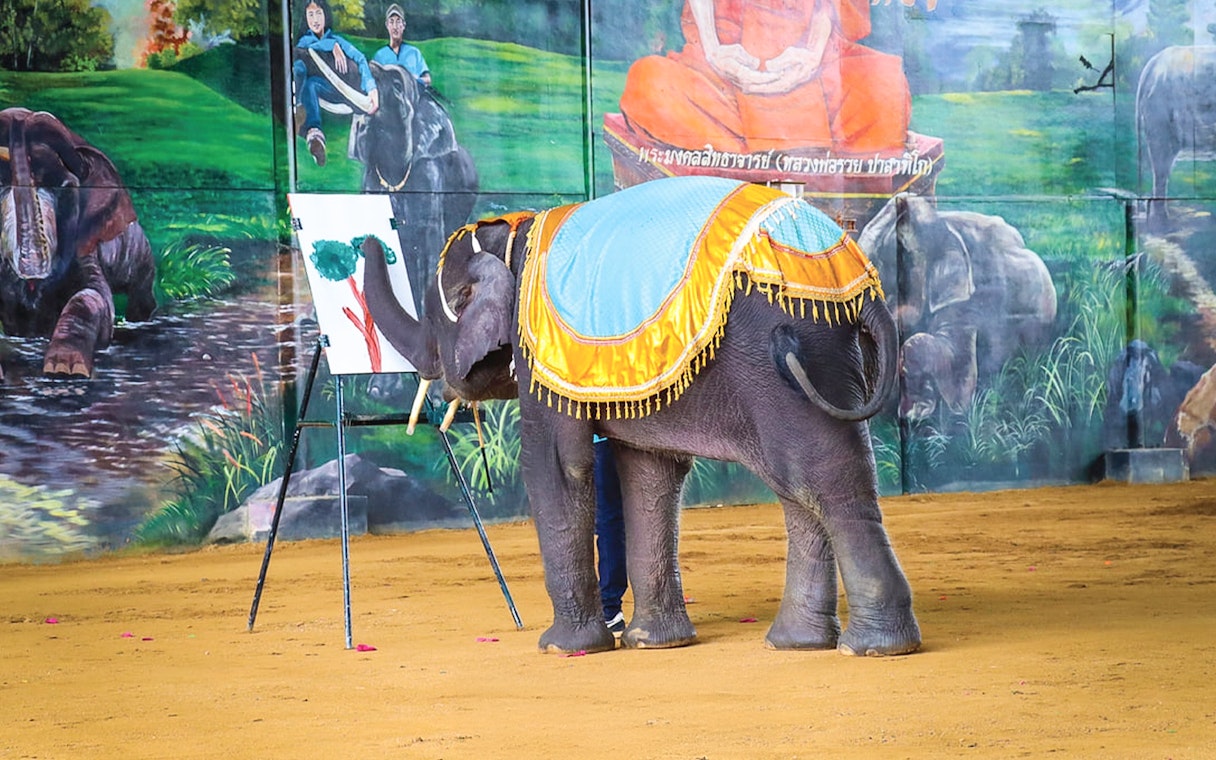 Elephant painting on canvas at a cultural show in Thailand.