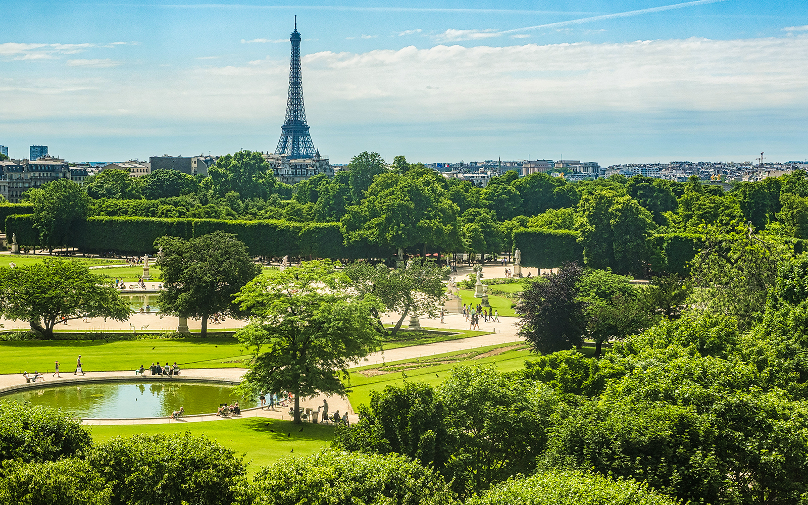 Eiffel Tower view from Tuileries Garden, Paris, with trees and pathways.