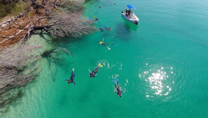 Snorkelers exploring clear waters near a boat on K'gari (Fraser Island) tour.