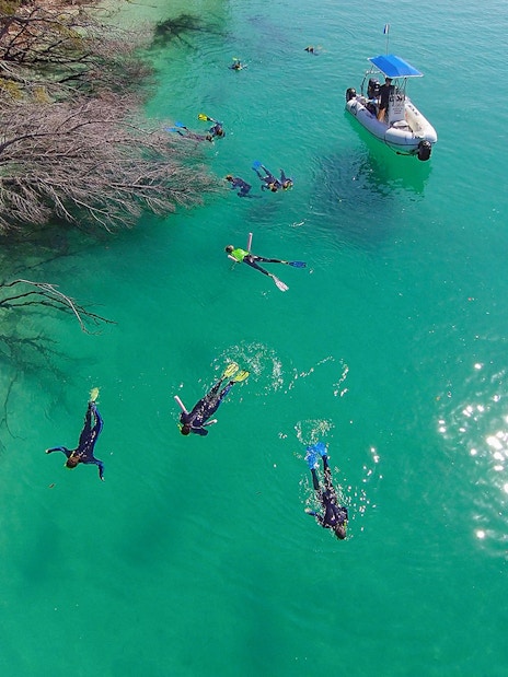 Snorkelers exploring clear waters near a boat on K'gari (Fraser Island) tour.