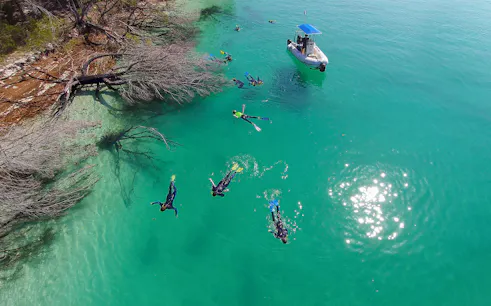Snorkelers exploring clear waters near a boat on K'gari (Fraser Island) tour.