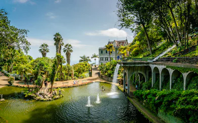 Monte Palace Madeira gardens with pond, fountains, and lush greenery, Madeira.