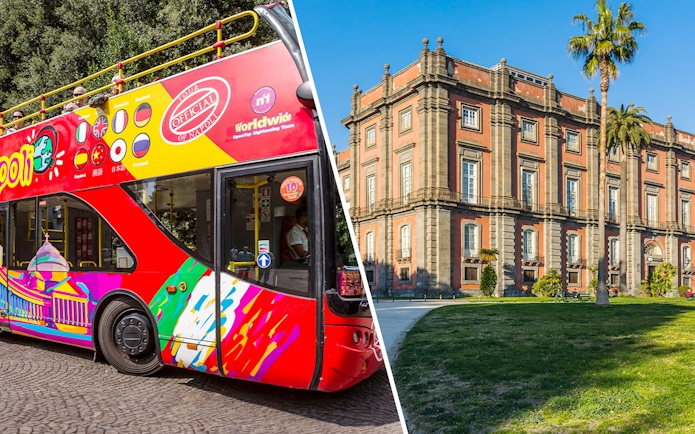 Open-top tour bus in Naples and Capodimonte Museum building.