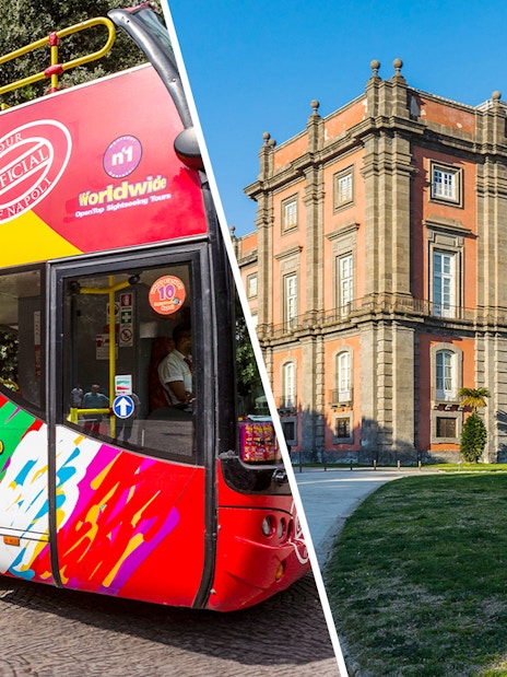 Open-top tour bus in Naples and Capodimonte Museum building.