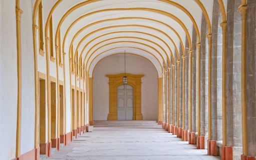 Abbaye de Cluny corridor with arched ceiling and stone columns, France.