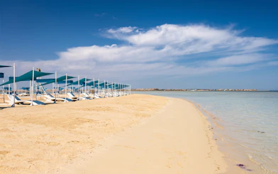 Sandy beach with sunshades on Bianca Island, Hurghada, near clear blue water.