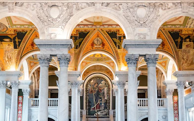 Library of Congress interior with ornate arches and columns, Washington D.C.