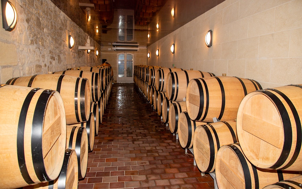 Wine barrels in a cellar during a Saint Emilion winery tour.