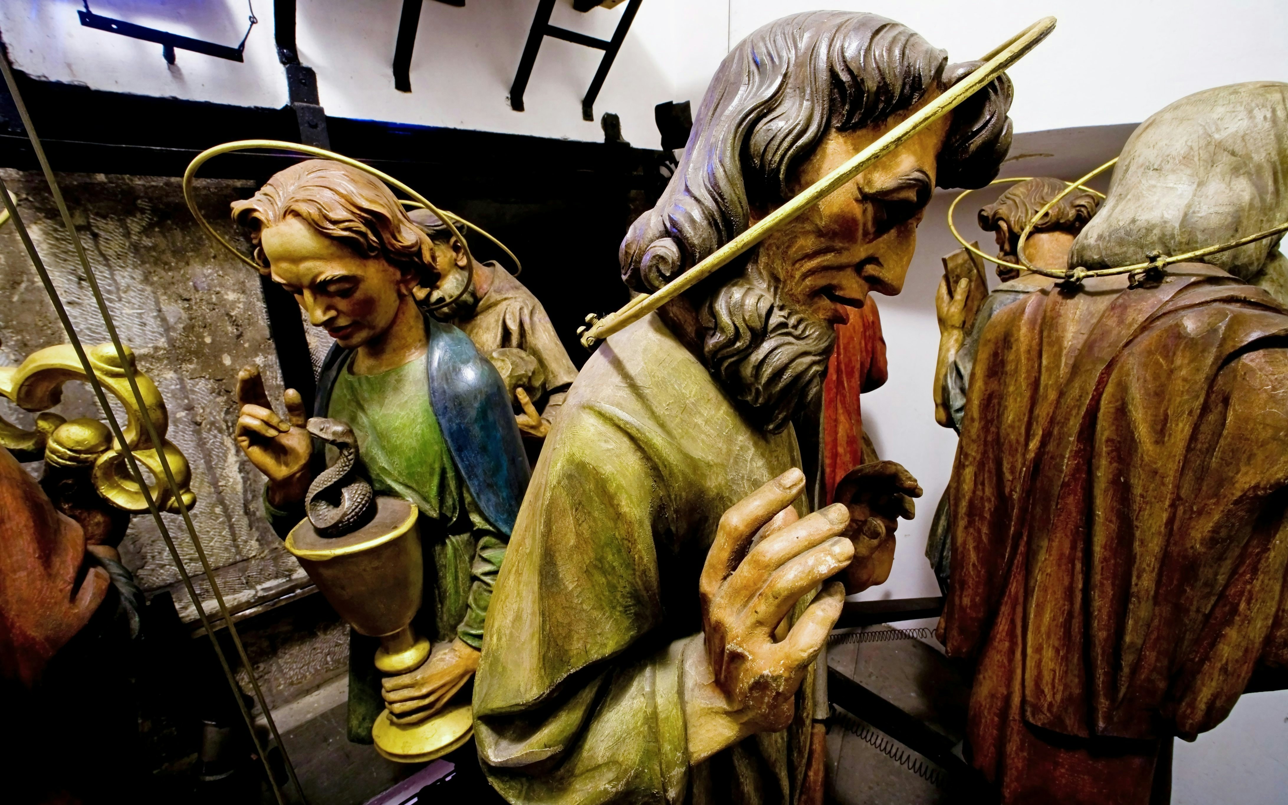 Wooden statues of apostles inside Prague Astronomical Clock, Czech Republic.