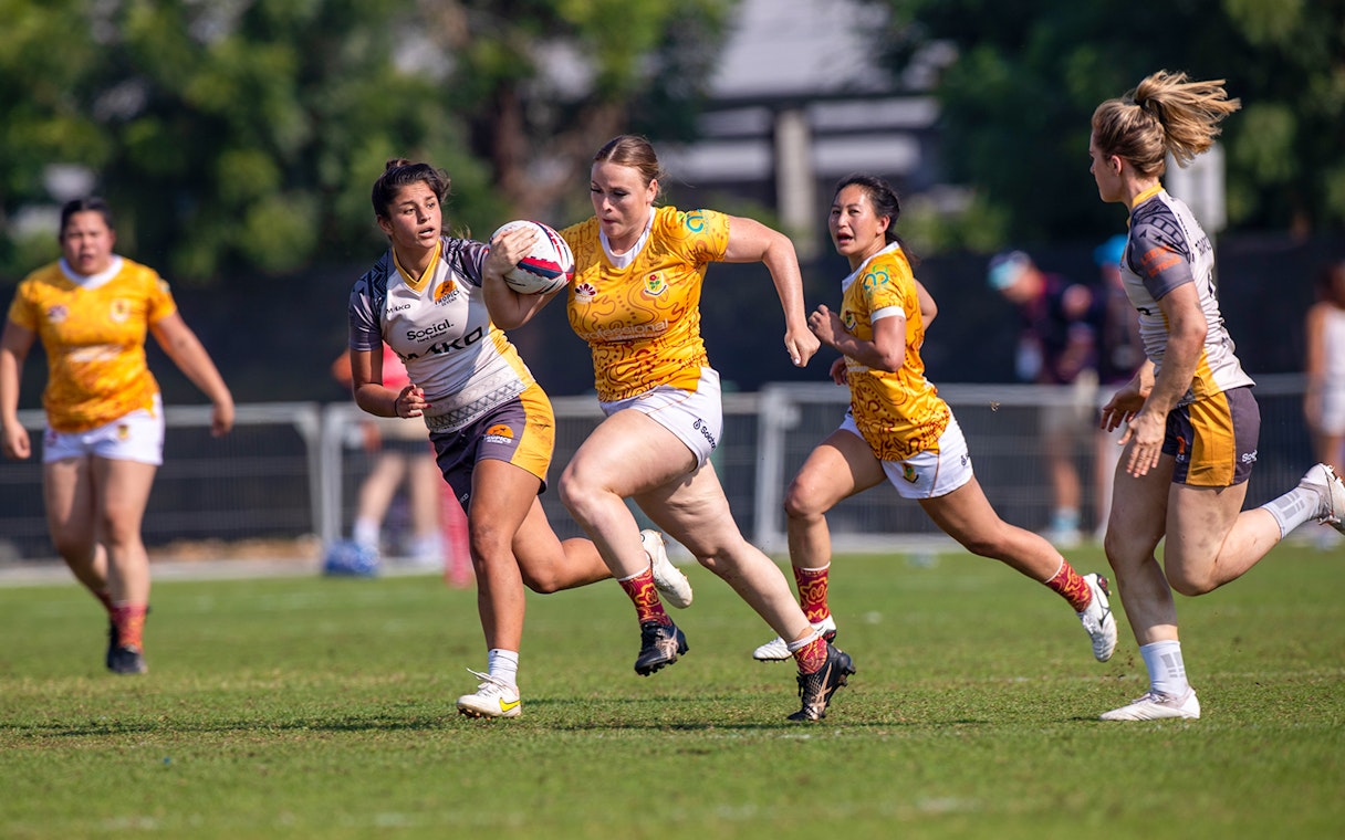 Rugby players in action at Emirates Dubai 7s tournament.