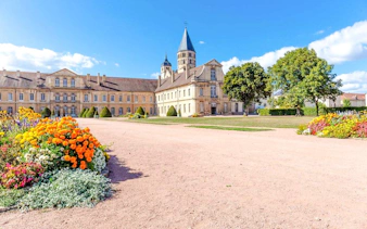 Cluny Abbey courtyard with colorful flowers, Lyon, France.