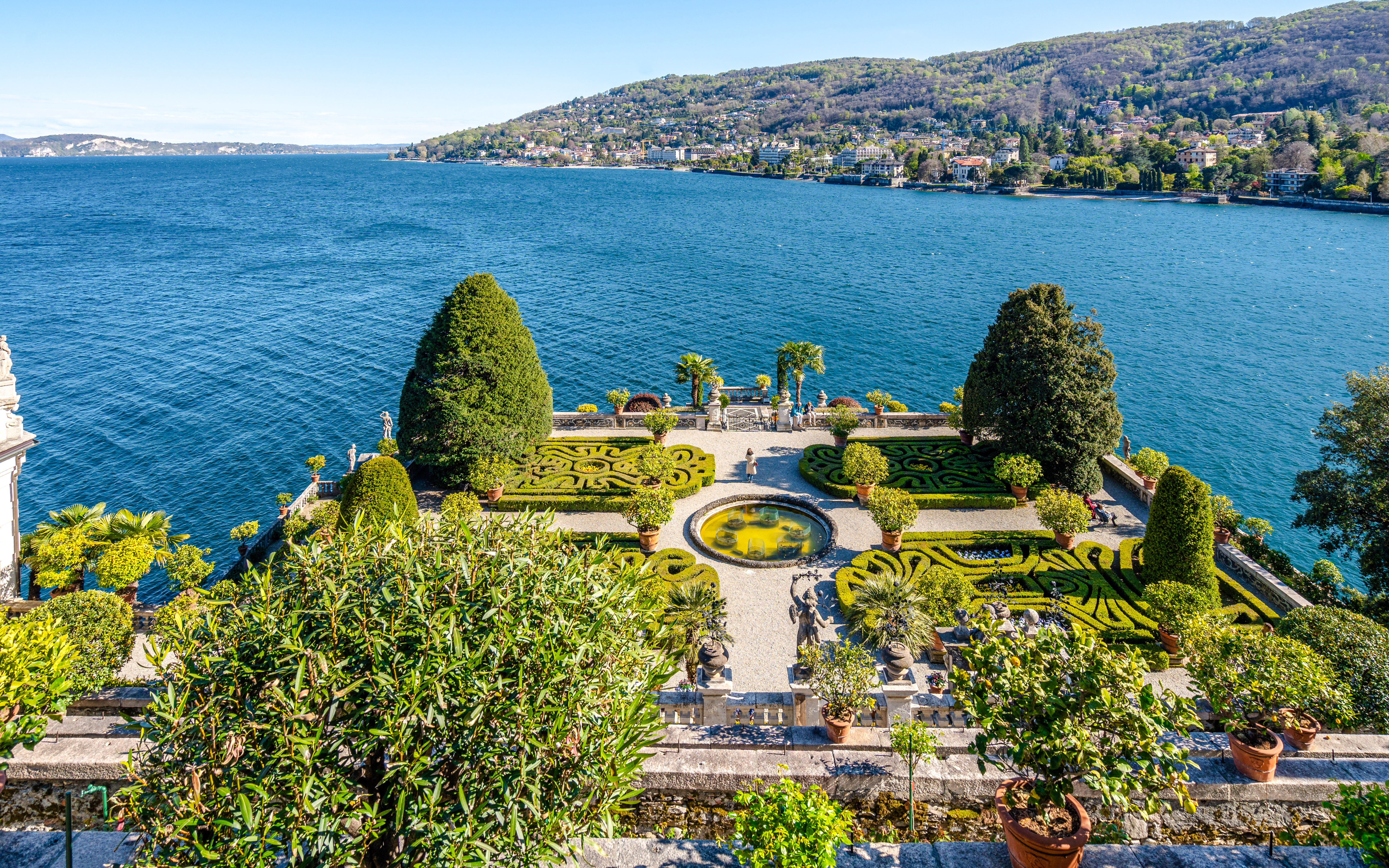 A scenic terrace of Isola Bella Italian style gardens overlooking the Maggiore Lake, Stresa