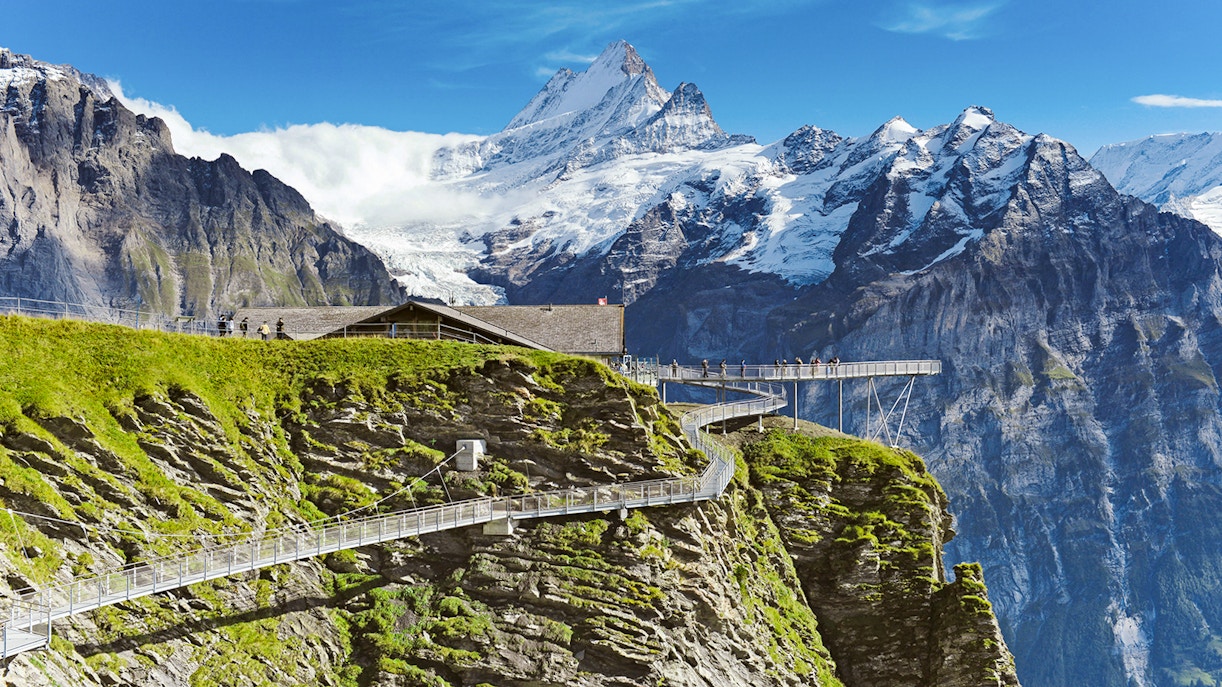 Grindelwald First Cliff Walk with gondola view from Grindelwald Village.