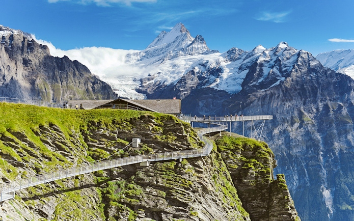 Grindelwald First Cliff Walk with mountain views in Switzerland.