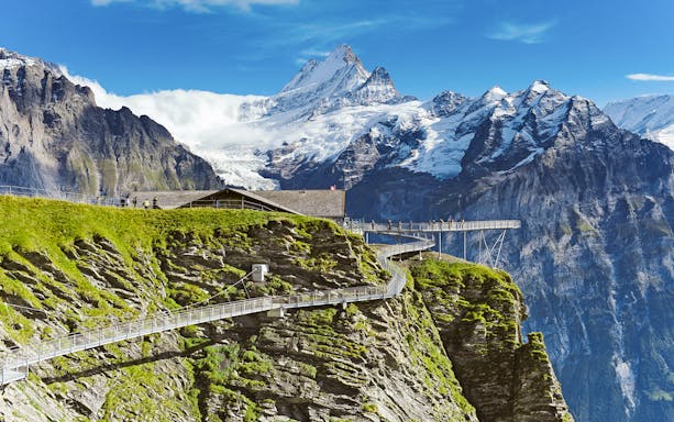 Grindelwald First Cliff Walk with mountain views in Switzerland.