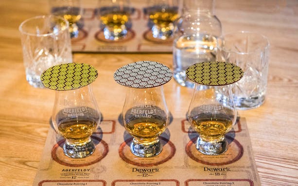 Whisky tasting glasses at Aberfeldy Distillery, part of the Ultimate Whisky Experience from Edinburgh.