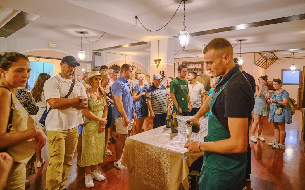 Tourists enjoying a wine tasting experience in Tuscany during a Pisa, Siena, and San Gimignano day trip.