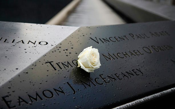 White rose on engraved names at 9/11 Memorial, New York City.