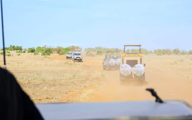 Safari jeeps driving through Masai Mara National Reserve in Kenya.