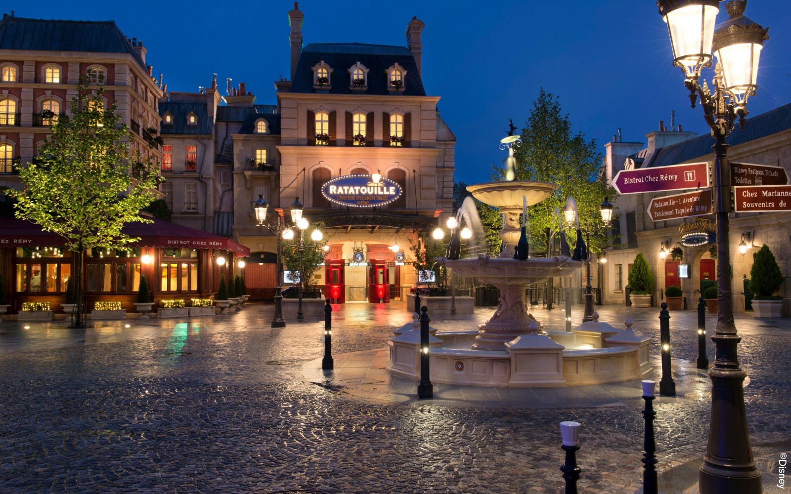 Ratatouille ride entrance at Disneyland Paris with themed decor and signage.