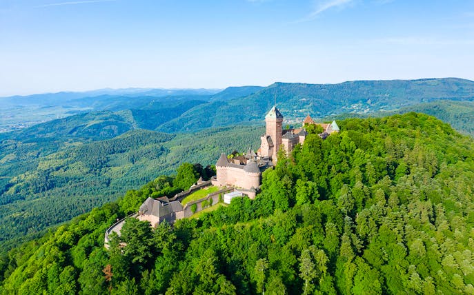 Medieval Haut Koenigsbourg Castle surrounded by lush forest in Alsace, France.
