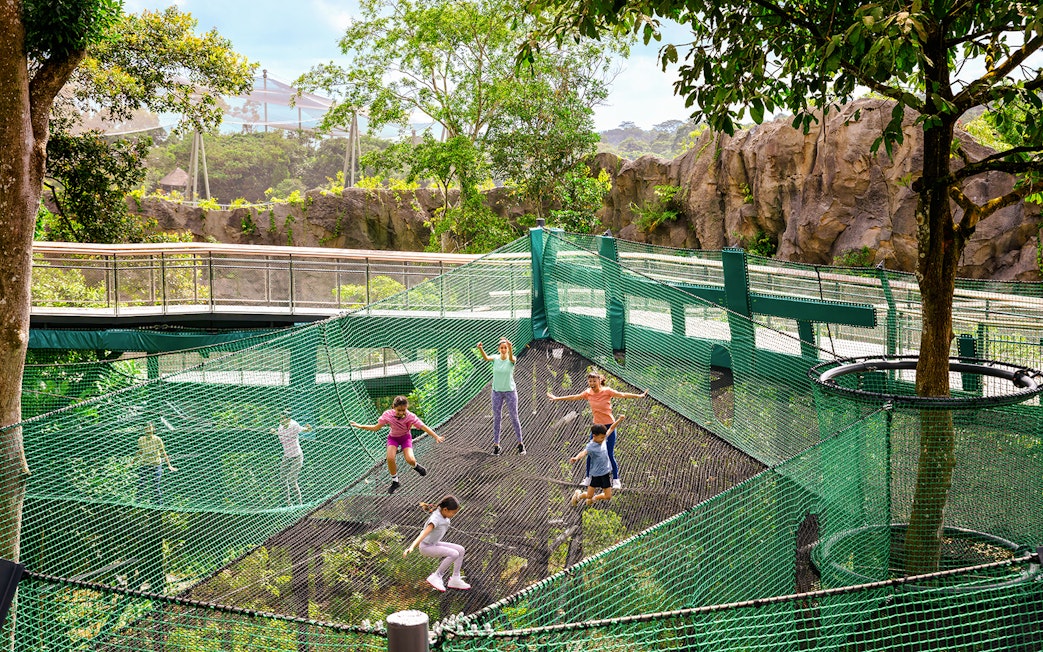 Children playing on AIA Vitality Bounce Nets surrounded by lush greenery.