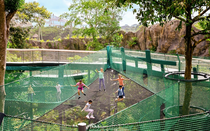 Children playing on AIA Vitality Bounce Nets surrounded by lush greenery.