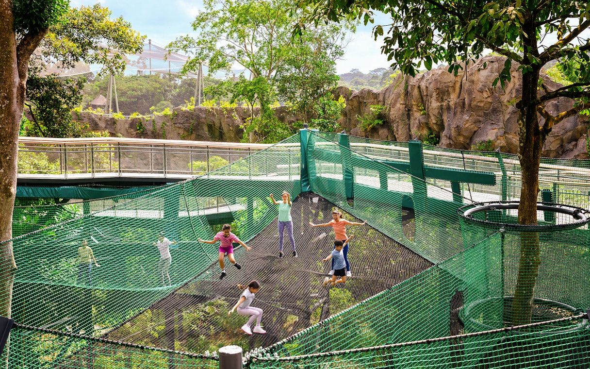 Children playing on AIA Vitality Bounce Nets surrounded by lush greenery.
