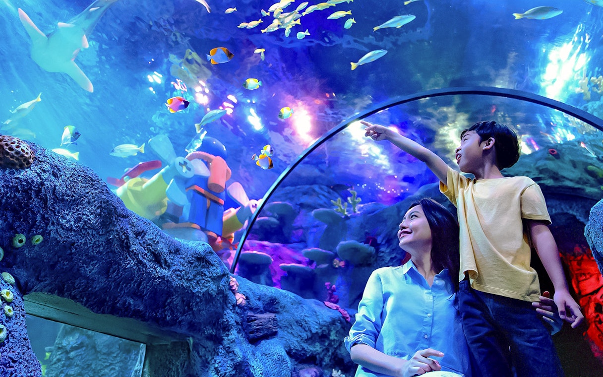 Family exploring ocean tunnel at Sea Life Aquarium, Legoland Malaysia.